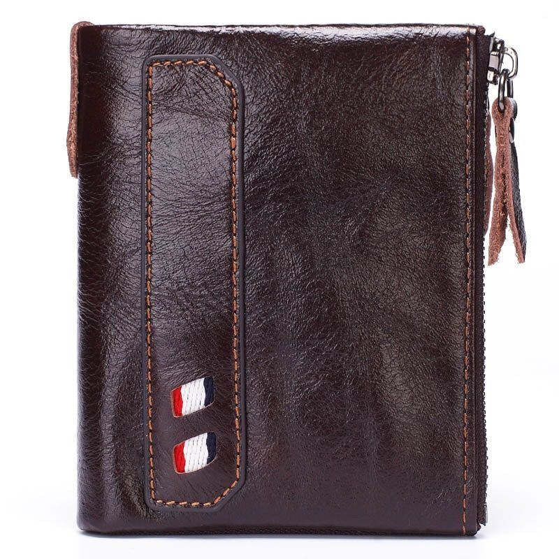 Portfel Męski Z Prawdziwej Skóry Z Podwójnym Zamkiem Retro Business Short Hand Carry Card Holder!