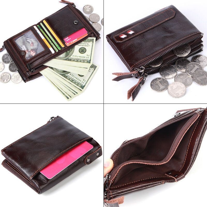 Portfel Męski Z Prawdziwej Skóry Z Podwójnym Zamkiem Retro Business Short Hand Carry Card Holder!