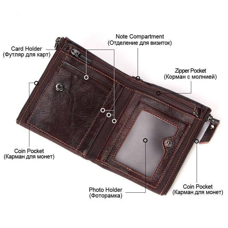 Portfel Męski Z Prawdziwej Skóry Z Podwójnym Zamkiem Retro Business Short Hand Carry Card Holder!