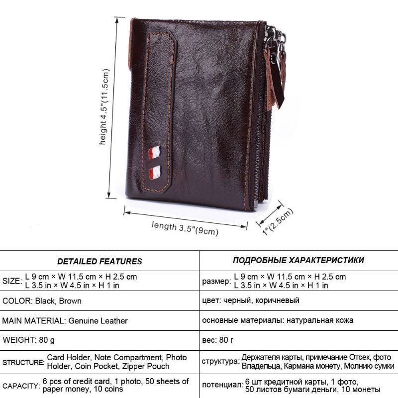 Portfel Męski Z Prawdziwej Skóry Z Podwójnym Zamkiem Retro Business Short Hand Carry Card Holder!