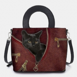 Kobiety Faux Leather Cartoon Black Cat Pattern Multi-carry Torebka Crossbody Torba Satchel Bag