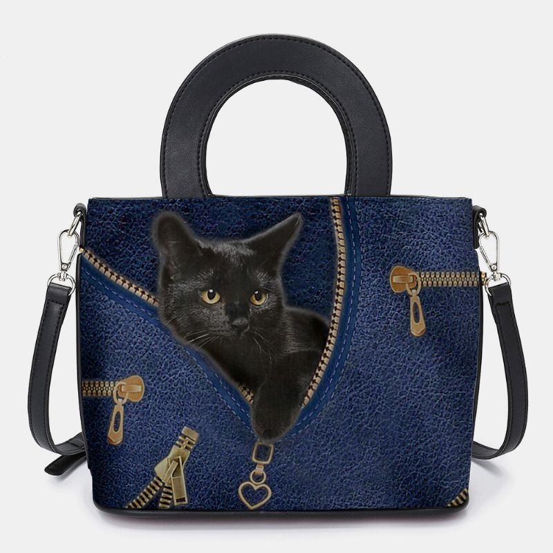 Kobiety Faux Leather Cartoon Black Cat Pattern Multi-carry Torebka Crossbody Torba Satchel Bag