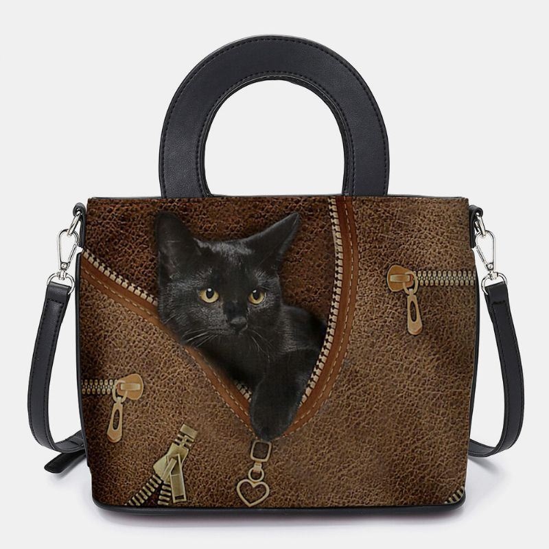 Kobiety Faux Leather Cartoon Black Cat Pattern Multi-carry Torebka Crossbody Torba Satchel Bag