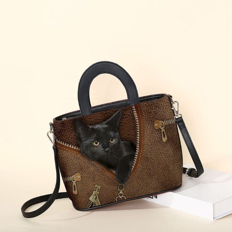 Kobiety Faux Leather Cartoon Black Cat Pattern Multi-carry Torebka Crossbody Torba Satchel Bag