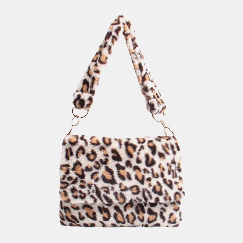 Kobiety Filc Moda Casual Leopard Wzór Miękka Ciepła Torba Na Ramię Torebka