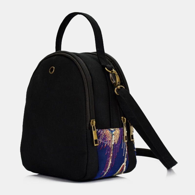 Kobiety Płótno Etniczne Hafty Wzór Pawia Cekiny Mini Torebka Multi-carry Crossbody Bag