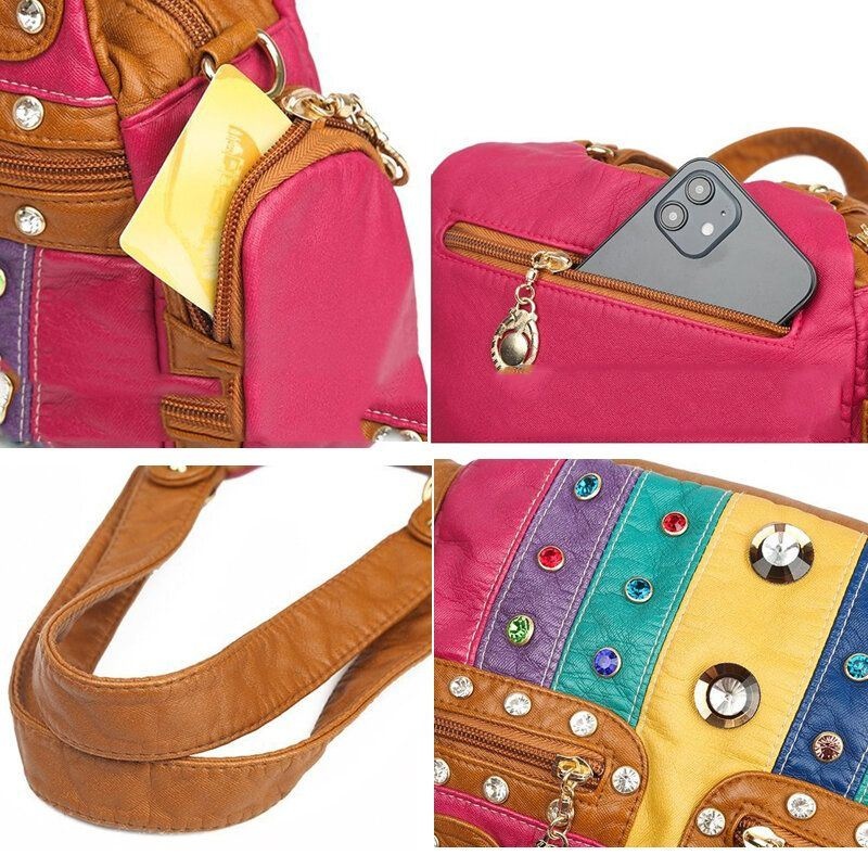 Kobiety Pu Leather Rhinestone Patchwork Wodoodporna Torba Na Ramię W Stylu Vintage Torebka Na Ramię Torby Na Ramię