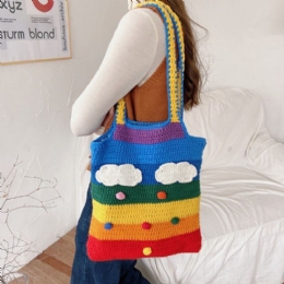 Kobiety Rainbow Stripe Cartoon Cute Casual Youth Wełniana Torba Z Dzianiny Torebka Tote Crossbody Bag