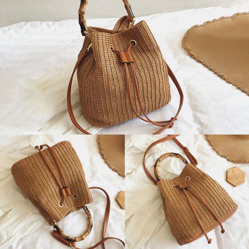 Kobiety Solid Color String Casual Torebka Ze Słomy Torebka Torba Na Ramię Torby Crossbody Torba Na Wiadro