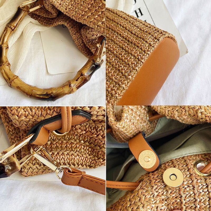 Kobiety Solid Color String Casual Torebka Ze Słomy Torebka Torba Na Ramię Torby Crossbody Torba Na Wiadro