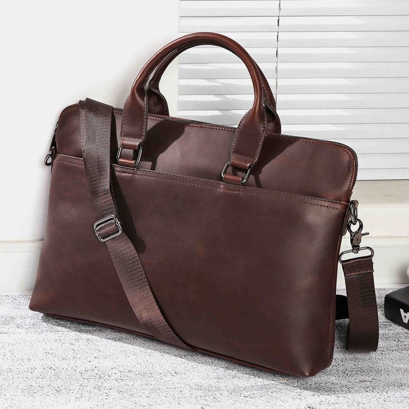 Mężczyźni Vintage Faux Leather Multi-carry Duża Pojemność Jednolity Kolor Teczki Torebki Biznesowa Torba Crossbody