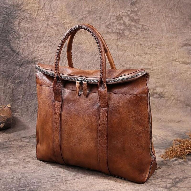 Męska Torba Z Prawdziwej Skóry W Stylu Retro Z Wieloma Kieszeniami 15.6-calowa Torba Na Laptopa Teczka Biznesowa Torebka Torba Crossbody