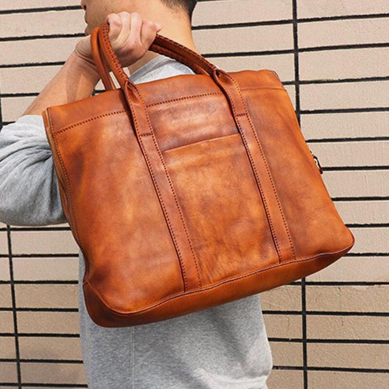 Męska Torba Z Prawdziwej Skóry W Stylu Retro Z Wieloma Kieszeniami 15.6-calowa Torba Na Laptopa Teczka Biznesowa Torebka Torba Crossbody