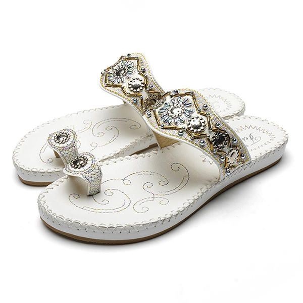 Kobiety Bohemia Sandały Clip Toe Płaski Haft Casual Beach Slipper