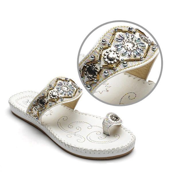 Kobiety Bohemia Sandały Clip Toe Płaski Haft Casual Beach Slipper