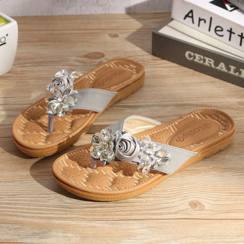 Kobiety Na Plaży Kwiaty Rhinestone Clip Toe Kapcie