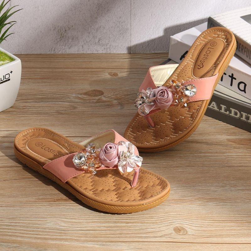 Kobiety Na Plaży Kwiaty Rhinestone Clip Toe Kapcie