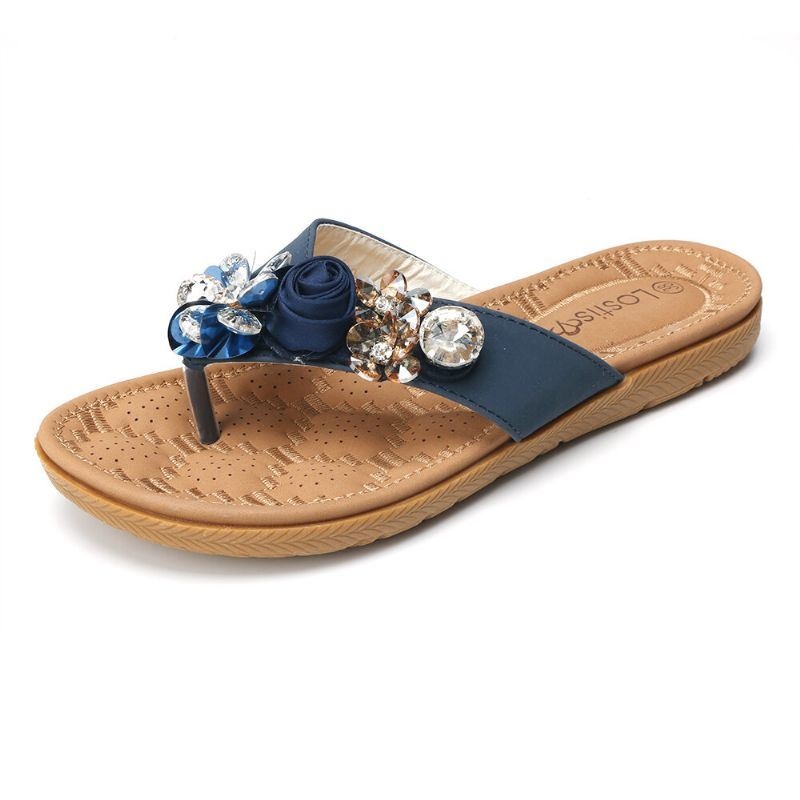 Kobiety Na Plaży Kwiaty Rhinestone Clip Toe Kapcie