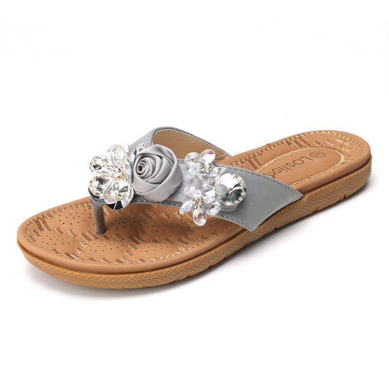 Kobiety Na Plaży Kwiaty Rhinestone Clip Toe Kapcie