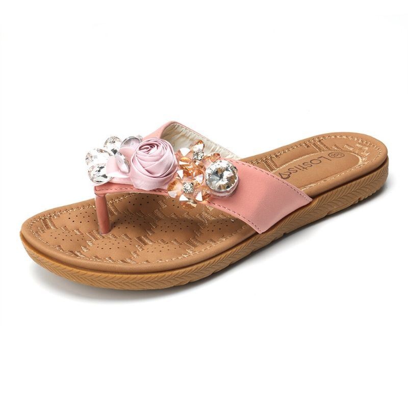 Kobiety Na Plaży Kwiaty Rhinestone Clip Toe Kapcie