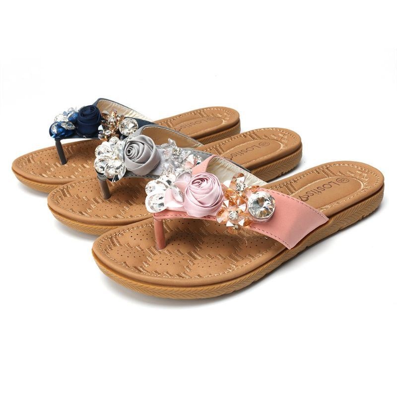 Kobiety Na Plaży Kwiaty Rhinestone Clip Toe Kapcie