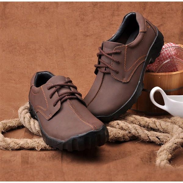 Mężczyźni Outdoor Casual Flat Lace Up Leather Mountaineering Miękkie Wygodne Buty