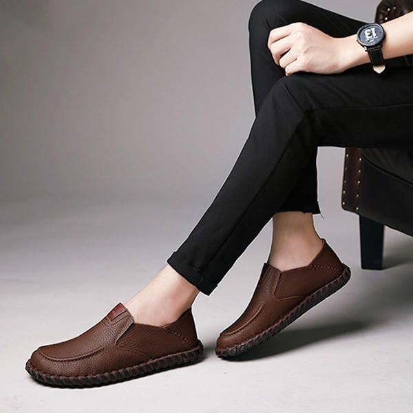 Męskie Miękkie Oddychające Płaskie Buty Casual Outdoor Leather Slip On Oxfords