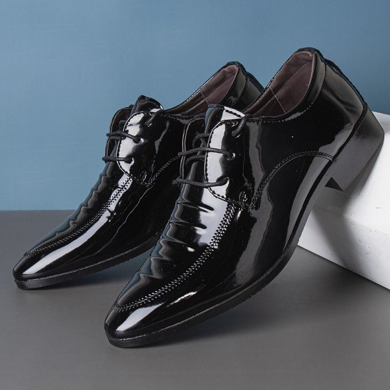 Męskie Skórzane Oddychające Pointy Toe Miękka Podeszwa Zasznurować Business Casual Dress Shoes