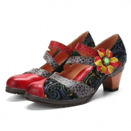 Damskie Skórzane Haczyki I Pętelki Wygodne Retro Colorblock Floral Decor Mary Jane Heels