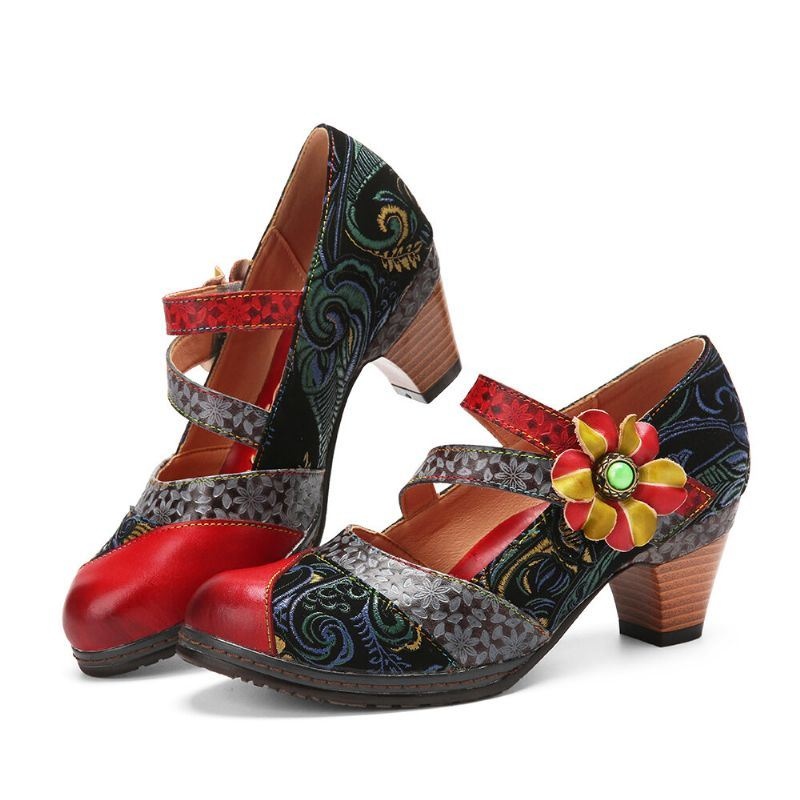 Damskie Skórzane Haczyki I Pętelki Wygodne Retro Colorblock Floral Decor Mary Jane Heels