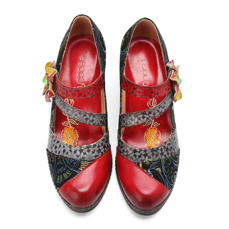 Damskie Skórzane Haczyki I Pętelki Wygodne Retro Colorblock Floral Decor Mary Jane Heels