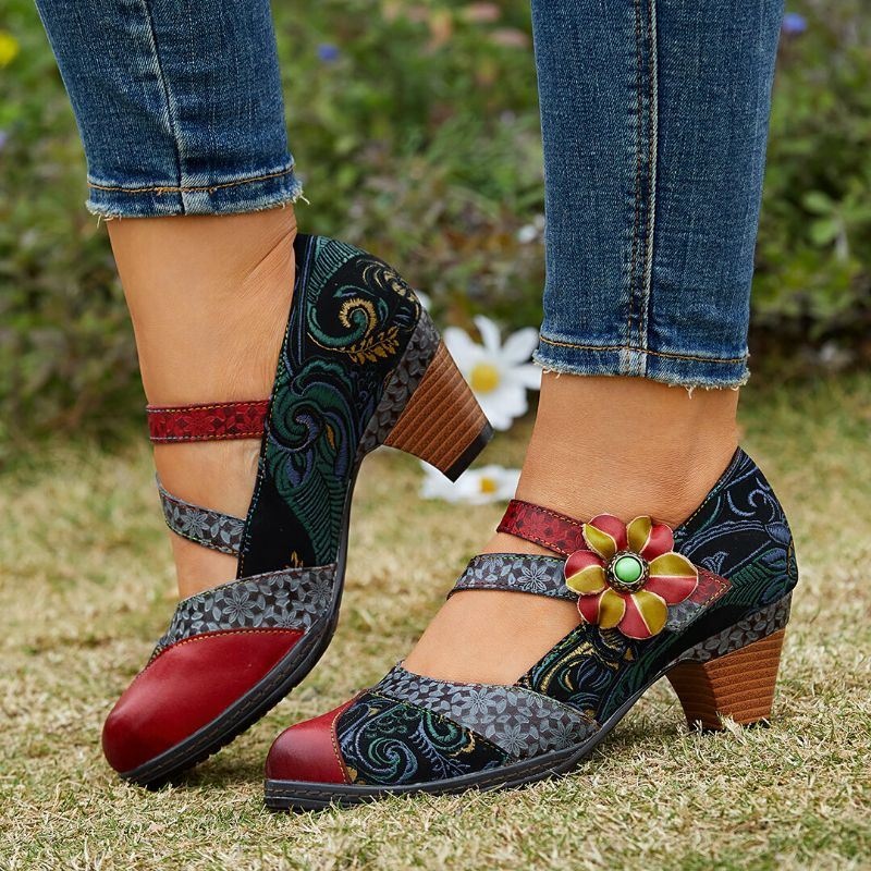 Damskie Skórzane Haczyki I Pętelki Wygodne Retro Colorblock Floral Decor Mary Jane Heels