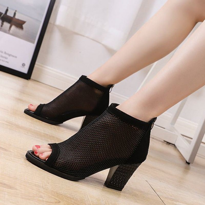 Kobiety Casual Mesh Oddychająca Masywny Obcas Hollow Out Peep-toe Pumps Shoes