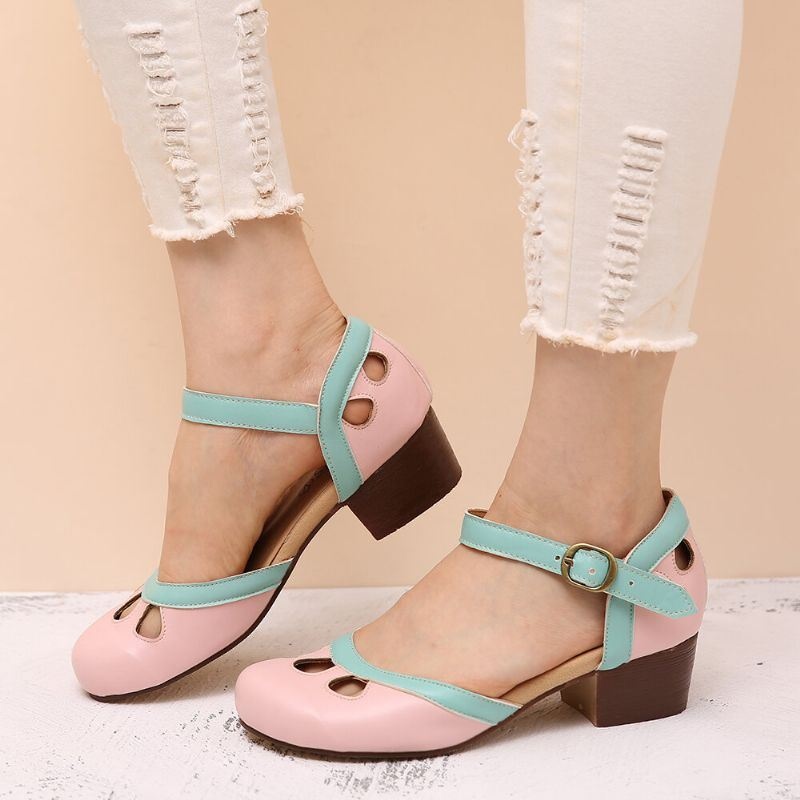 Kobiety Hollow Out Color Stitching Plus Size Bucky Chunky Heel Casual Pumps