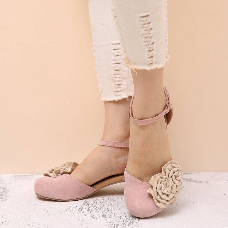 Kobiety Vintage Dekoracje Kwiatowe Okrągłe Toe Ankle Strap Hook Loop Casual Obcasy CZółenka