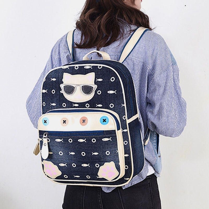 Kobiety Canvas Cute Cat Print Patchwork Casual Plecak Tornister