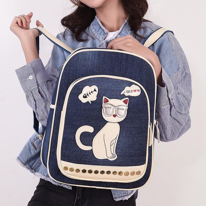 Kobiety Canvas Cute Cat Print Patchwork Casual Plecak Tornister