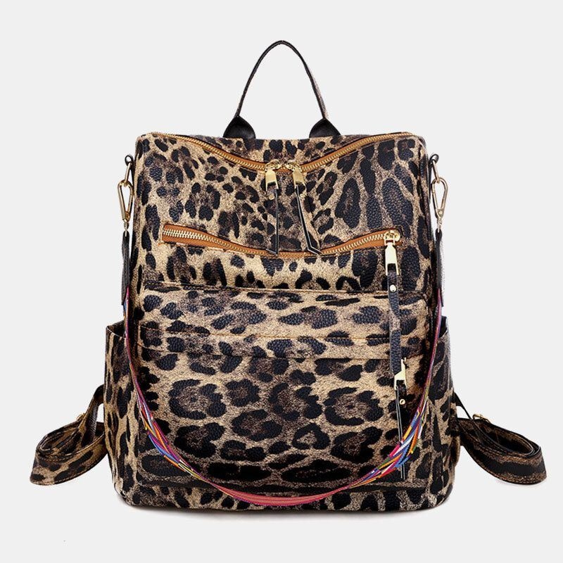 Kobiety Faux Leather Leopard I Kwiaty Wzór Modny Plecak Na Co Dzień