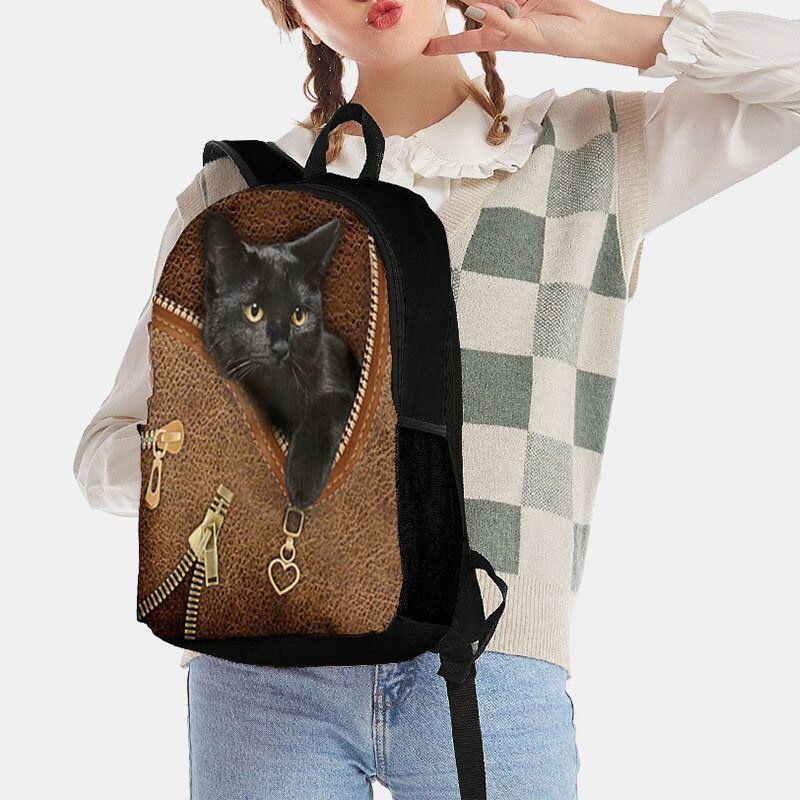 Kobiety Oxford Patchwork O Dużej Pojemności Cartoon Cat Zipper Pattern Printing Backpack