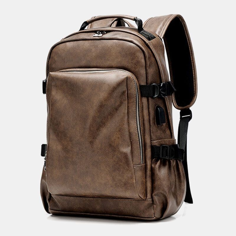 Mężczyźni Pu Leather Usb Charging Business Casual Wodoodporna 14-calowa Torba Na Laptopa Student School Bag Regulowany Plecak