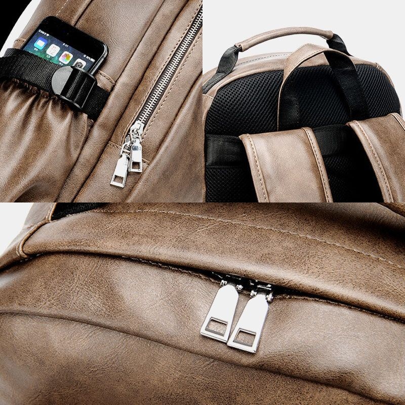 Mężczyźni Pu Leather Usb Charging Business Casual Wodoodporna 14-calowa Torba Na Laptopa Student School Bag Regulowany Plecak