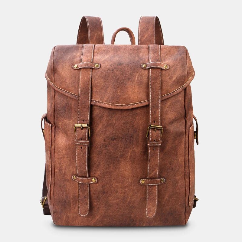 Mężczyźni Vintage Business Outdoor Duża Pojemność School College Bookbag Pu Leather Kontrastowy Kolor 14-calowa Torba Na Laptopa