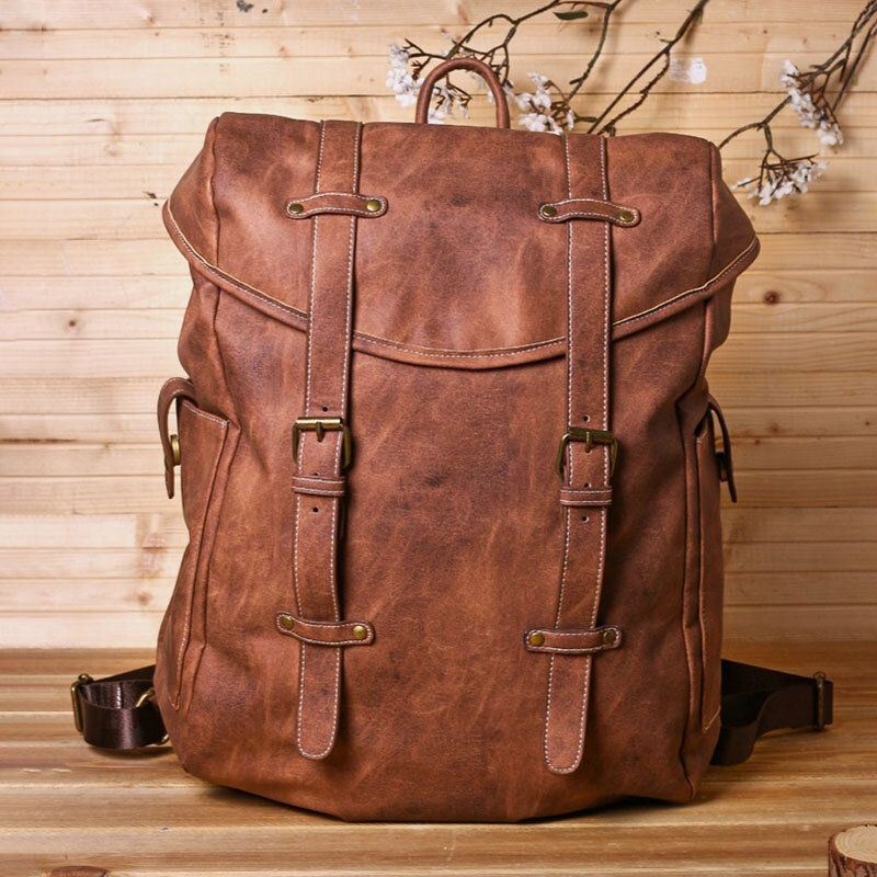 Mężczyźni Vintage Business Outdoor Duża Pojemność School College Bookbag Pu Leather Kontrastowy Kolor 14-calowa Torba Na Laptopa