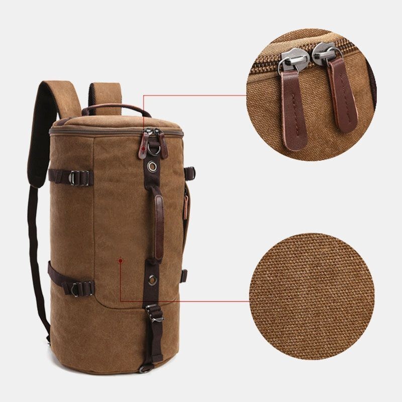 Mężczyźni Vintage Canvas Duża Pojemność Multi-carry Solid Color Cylinder Casual Plecak Torba Crossbody