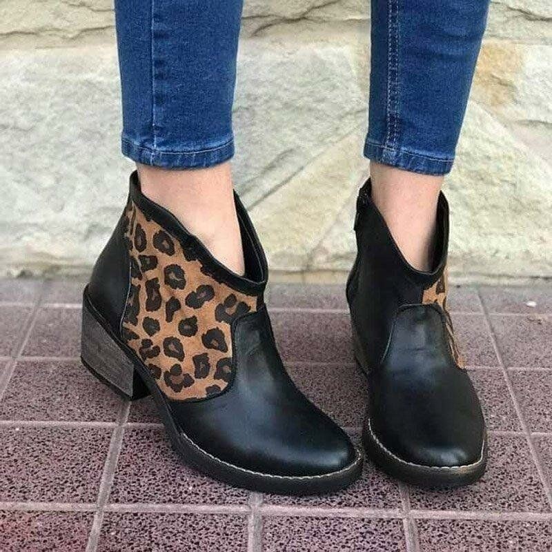 Casual Splicing Leopard Side Zipper Masywny Obcas Cowboy Botki Dla Kobiet