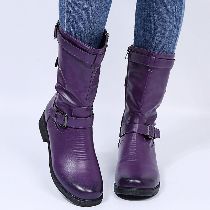 Damskie Duże Rozmiary Retro Solid Color Buckle Strap Block Heel Riding Boots