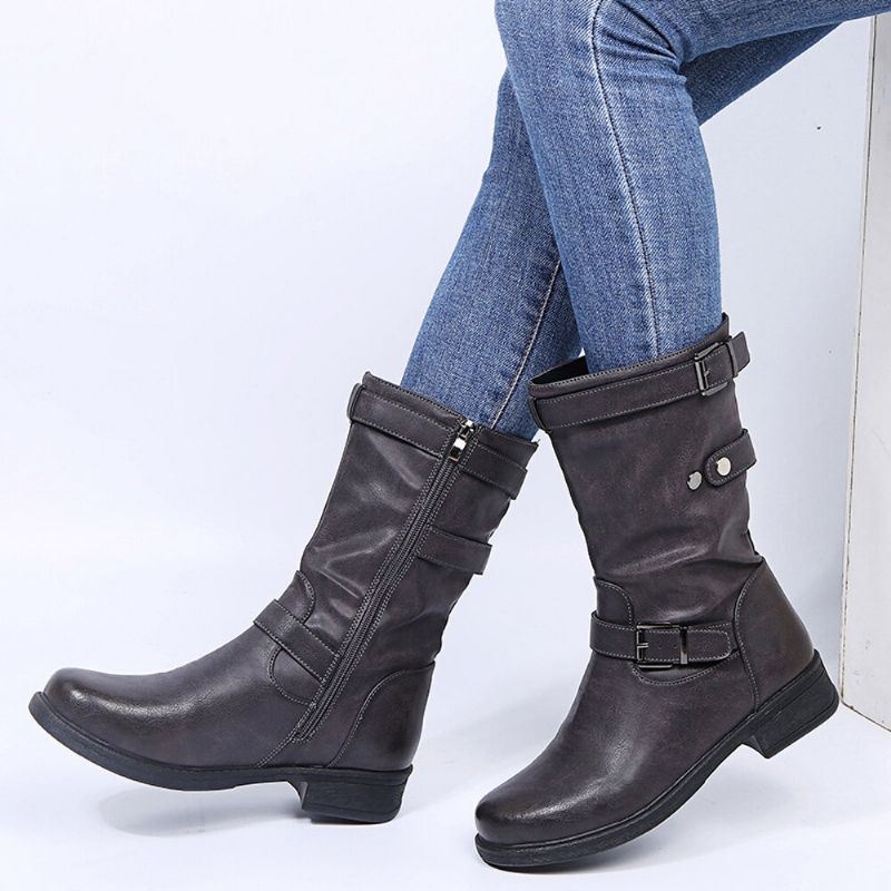 Damskie Duże Rozmiary Retro Solid Color Buckle Strap Block Heel Riding Boots