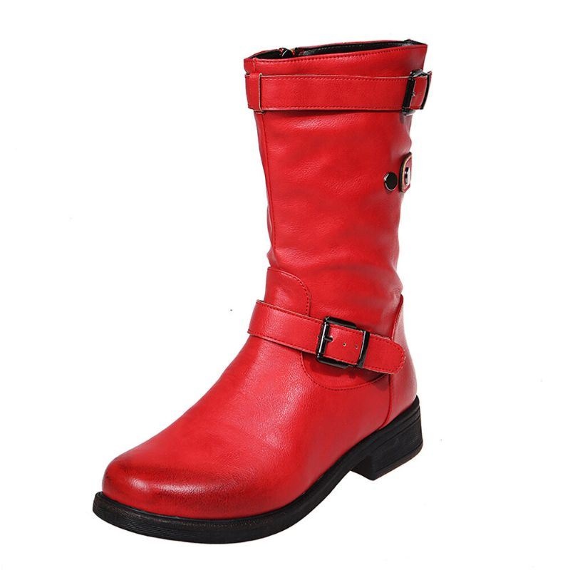 Damskie Duże Rozmiary Retro Solid Color Buckle Strap Block Heel Riding Boots