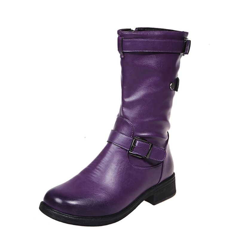 Damskie Duże Rozmiary Retro Solid Color Buckle Strap Block Heel Riding Boots