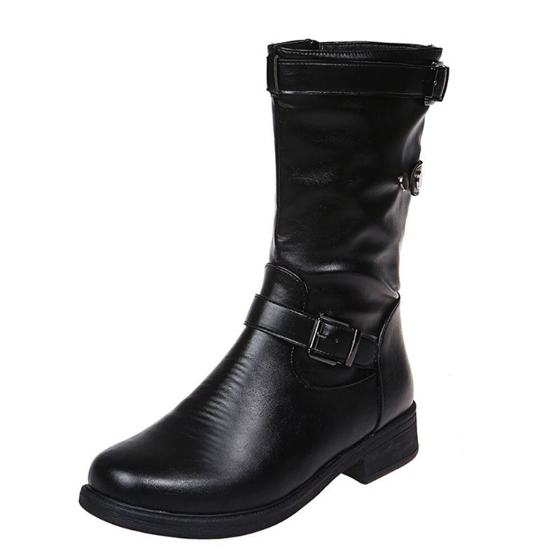 Damskie Duże Rozmiary Retro Solid Color Buckle Strap Block Heel Riding Boots